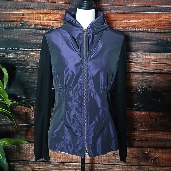 NWOT SOLO MODA Jacket 8 Purple Metallic Black Sheer Mesh Sleeves Full Zip - Picture 2 of 10